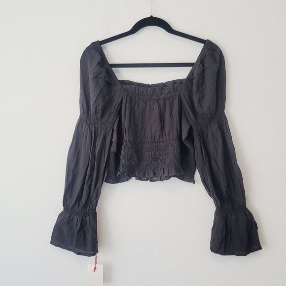 Open Edit Black Ruched Long Sleeve Top Blouse - Picture 1 of 9